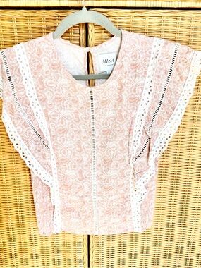 Misa Los Angeles Pink Eyelet-Trim Flutter Sleeve Top